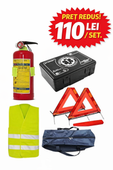 Kit siguranta auto complet – trusa, 2x triunghiuri, stingator, vesta, saculet