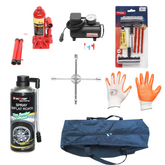 Kit vulcanizare complet: cric, cheie roti, compresor, spray roti, kit reparatie, manusi, geanta