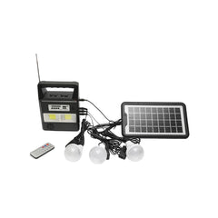 Kit de urgenta in caz de calamitate: Radio, telecomanda, baterie 6V, 3Ah cu incarcare panou solar, 3 becuri/lanterna