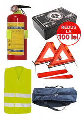 Kit siguranta auto complet – trusa, 2x triunghiuri, stingator, vesta, saculet