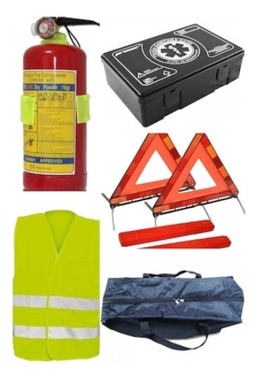 Kit siguranta auto complet – trusa, 2x triunghiuri, stingator, vesta, saculet
