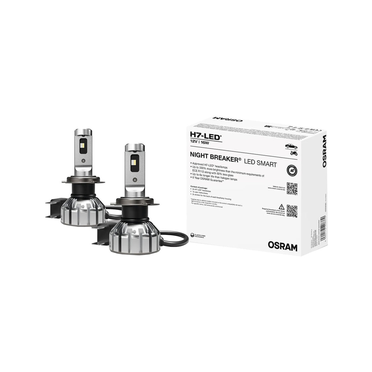 Set 2 becuri auto LED Osram Night Breaker Smart H7 12V 16W 6000K +330% omologate RAR pentru vehicule compatibile