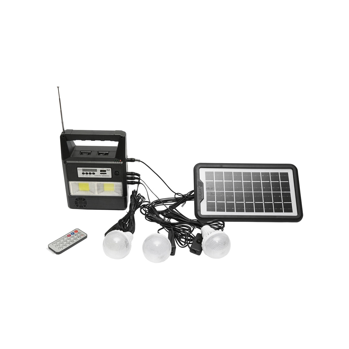 Kit de urgenta in caz de calamitate: Radio, telecomanda, baterie 6V, 3Ah cu incarcare panou solar, 3 becuri/lanterna