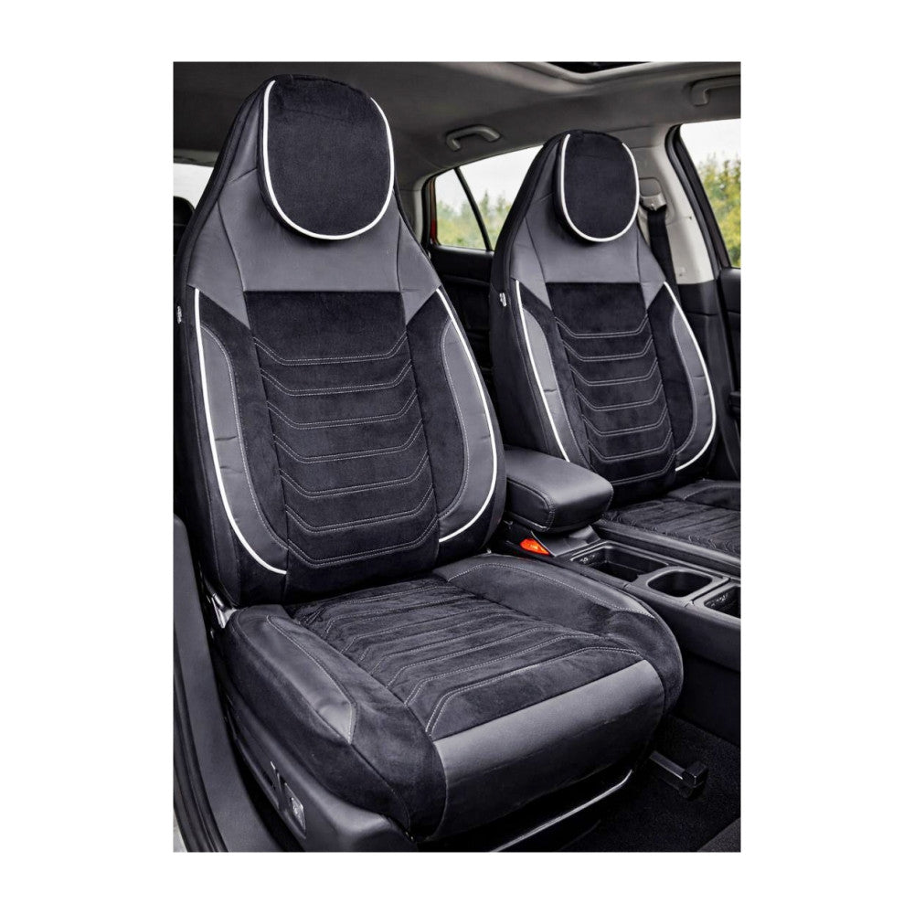 Huse scaune auto universale fractionate Premium cu tetiera fata incorporata negru cu cusatura alba