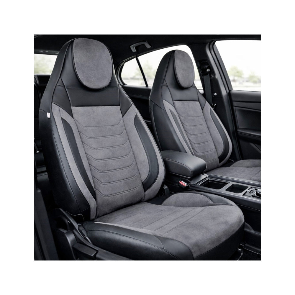 Huse scaune auto universale fractionate Premium cu tetiera fata incorporata negru cu gri
