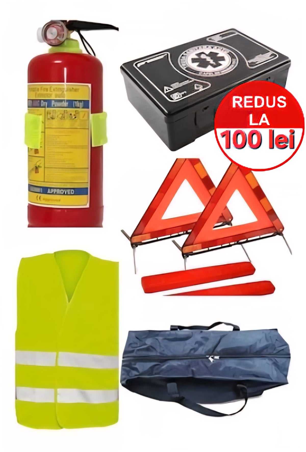Kit siguranta auto complet – trusa, 2x triunghiuri, stingator, vesta, saculet